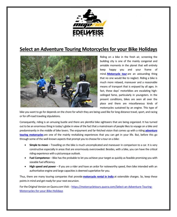 Select an Adventure Touring Motorcycles for your Bike Holidays