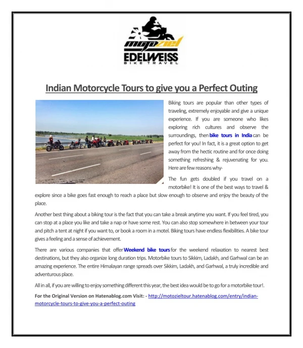 Indian Motorcycle Tours to give you a Perfect Outing