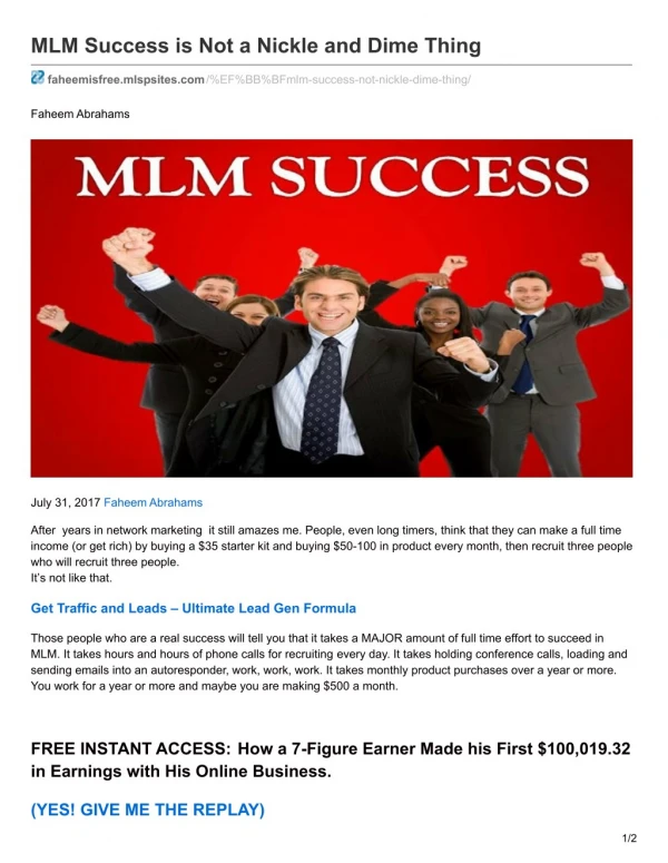 MLM Success is Not a Nickle and Dime Thing
