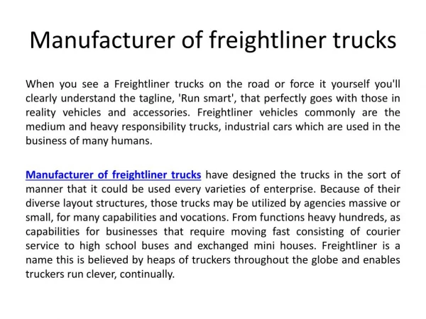 Manufacturer of freightliner trucks