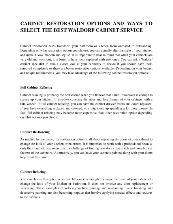 CABINET RESTORATION OPTIONS AND WAYS TO SELECT THE BEST WALDORF CABINET SERVICE