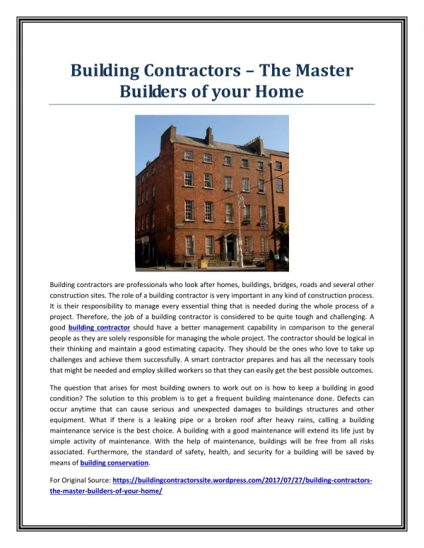 Building Contractors – The Master Builders of your Home
