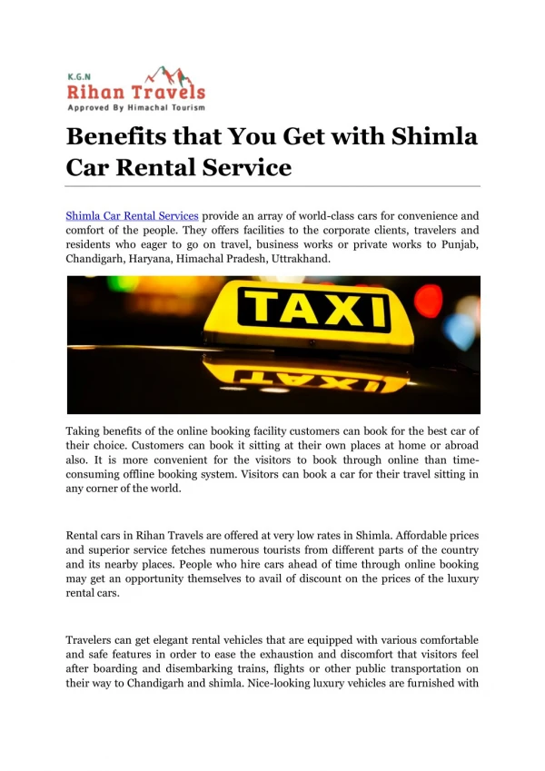 Benefits that You Get with Shimla Car Rental Service