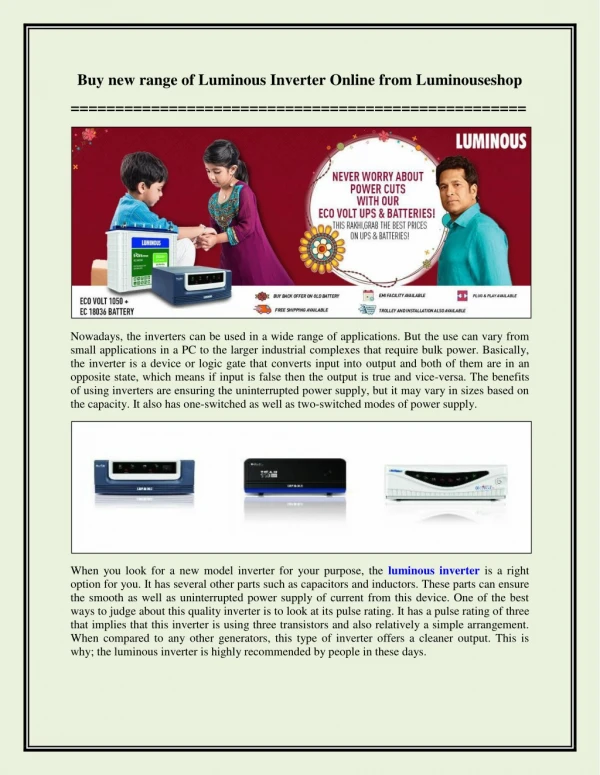 Buy new range of Luminous Inverter Online from Luminouseshop