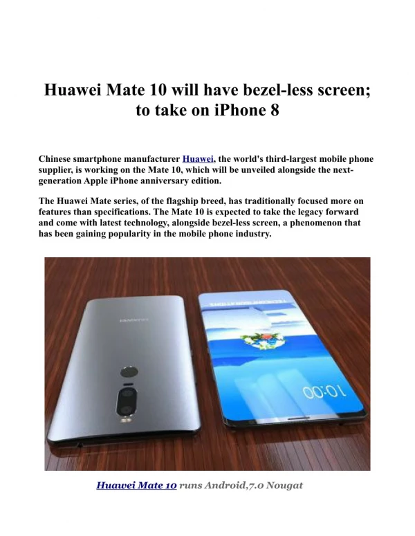 Huawei Mate 10 will have bezel-less screen; to take on iPhone 8