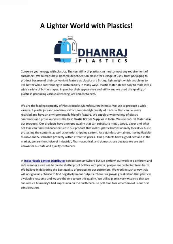 Plastic Bottles Distributer in India | Dhanraj Plastics Private Limited