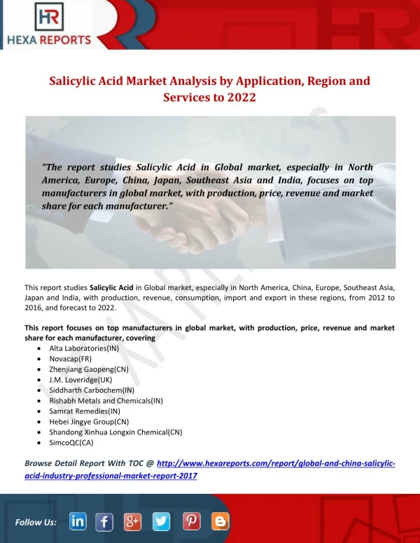 Salicylic Acid Market Analysis by Application, Region and Services to 2022