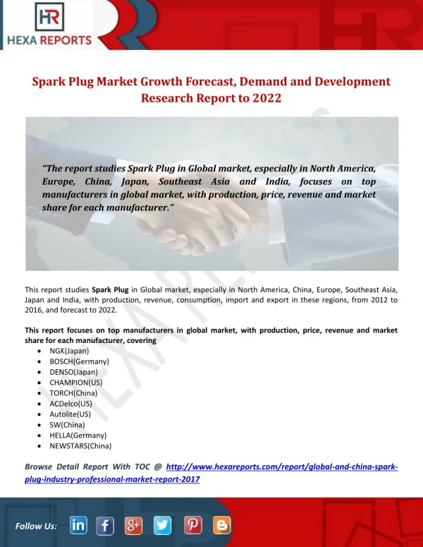 Spark Plug Market Growth Forecast, Demand and Development Research Report to 2022