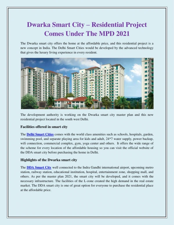 Dwarka Smart City – Residential Project Comes Under The MPD 2021