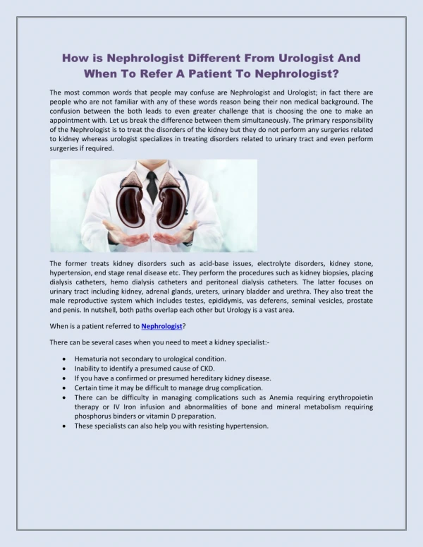 How is Nephrologist Different From Urologist And When To Refer A Patient To Nephrologist?