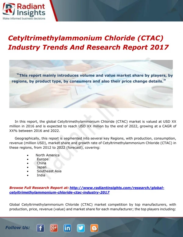 Cetyltrimethylammonium Chloride (CTAC) Industry Trends And Research Report 2017