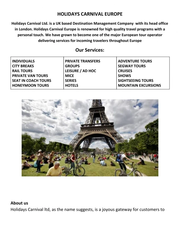 Holidays Package for Europe, UK, Paris DMC Destination Management