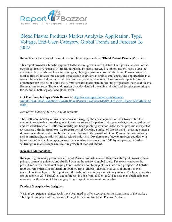 Blood Plasma Products Market Analysis, Applications, Size, Share, Overview To 2022