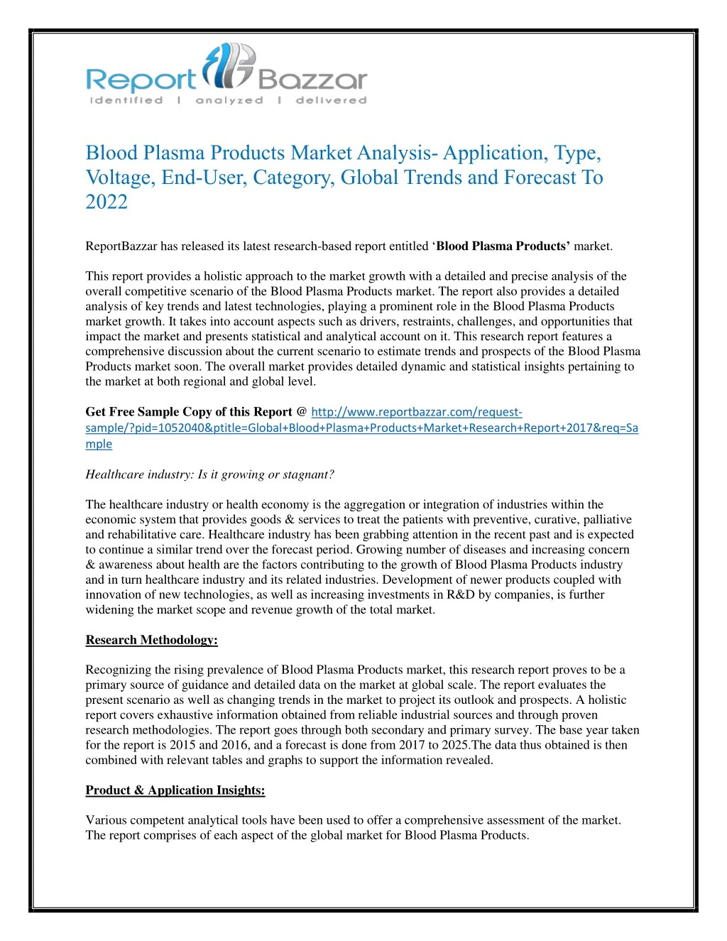 blood plasma products market analysis application