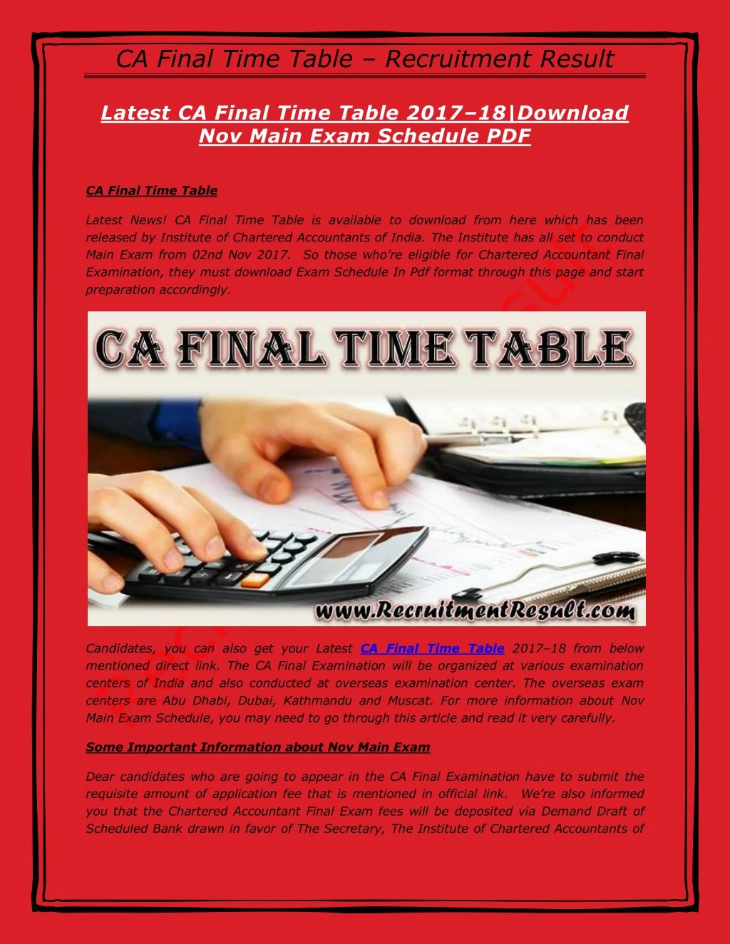 ca final time table recruitment result