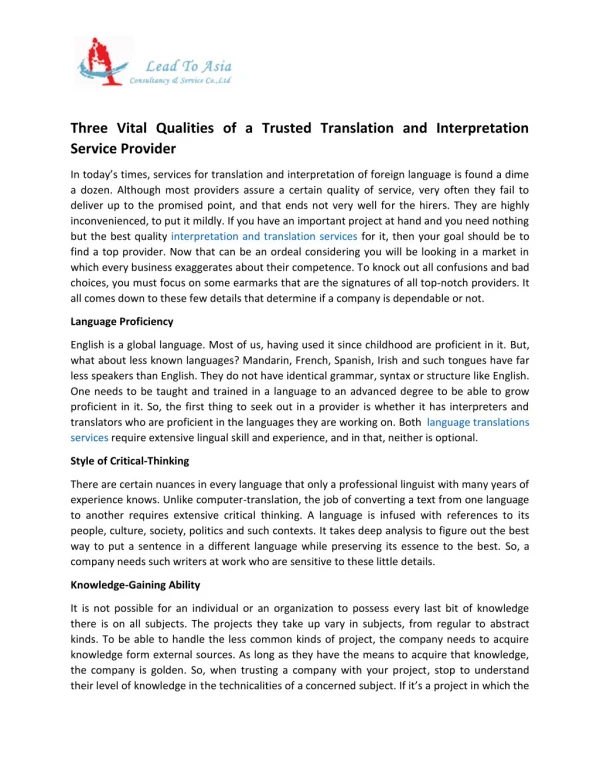 Three Vital Qualities of a Trusted Translation and Interpretation Service Provider.