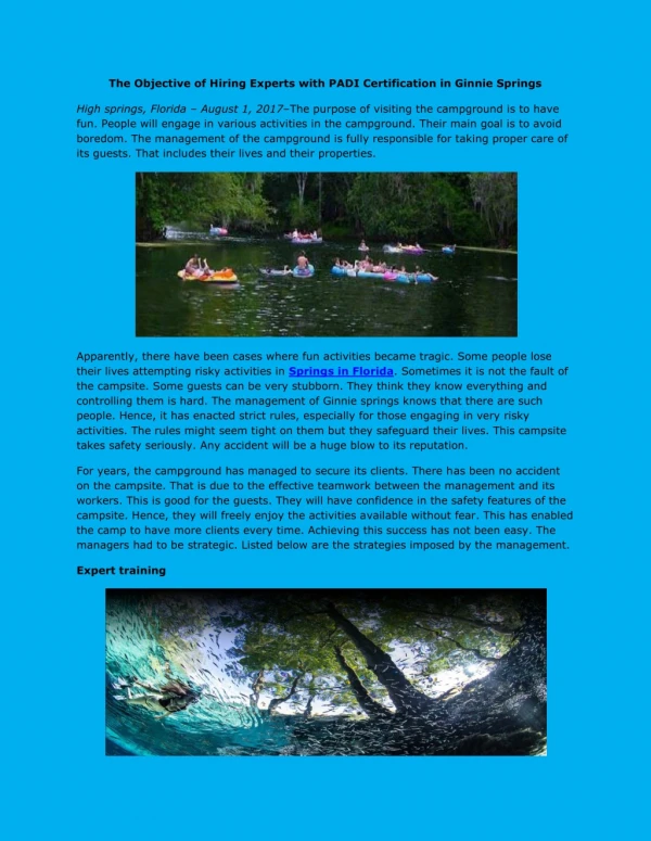 The Objective of Hiring Experts with PADI Certification in Ginnie Springs
