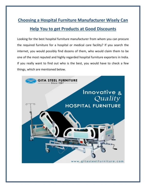 Are You Looking for Hospital Furniture Manufacturer in India?
