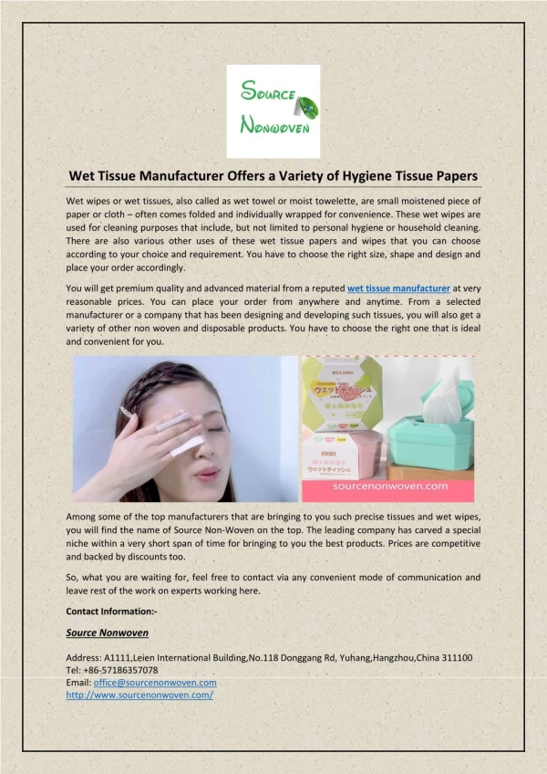 Wet Tissue Manufacturer Offers a Variety of Hygiene Tissue Papers