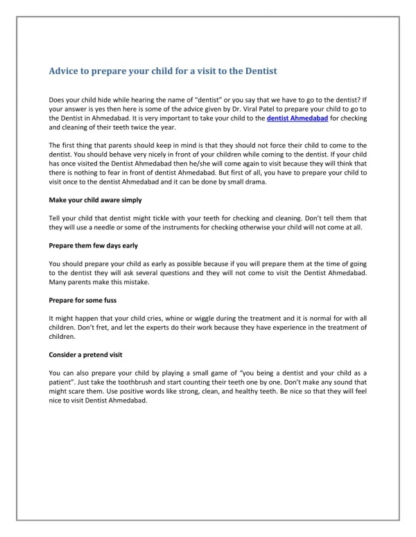 Advice to prepare your child for a visit to the Dentist