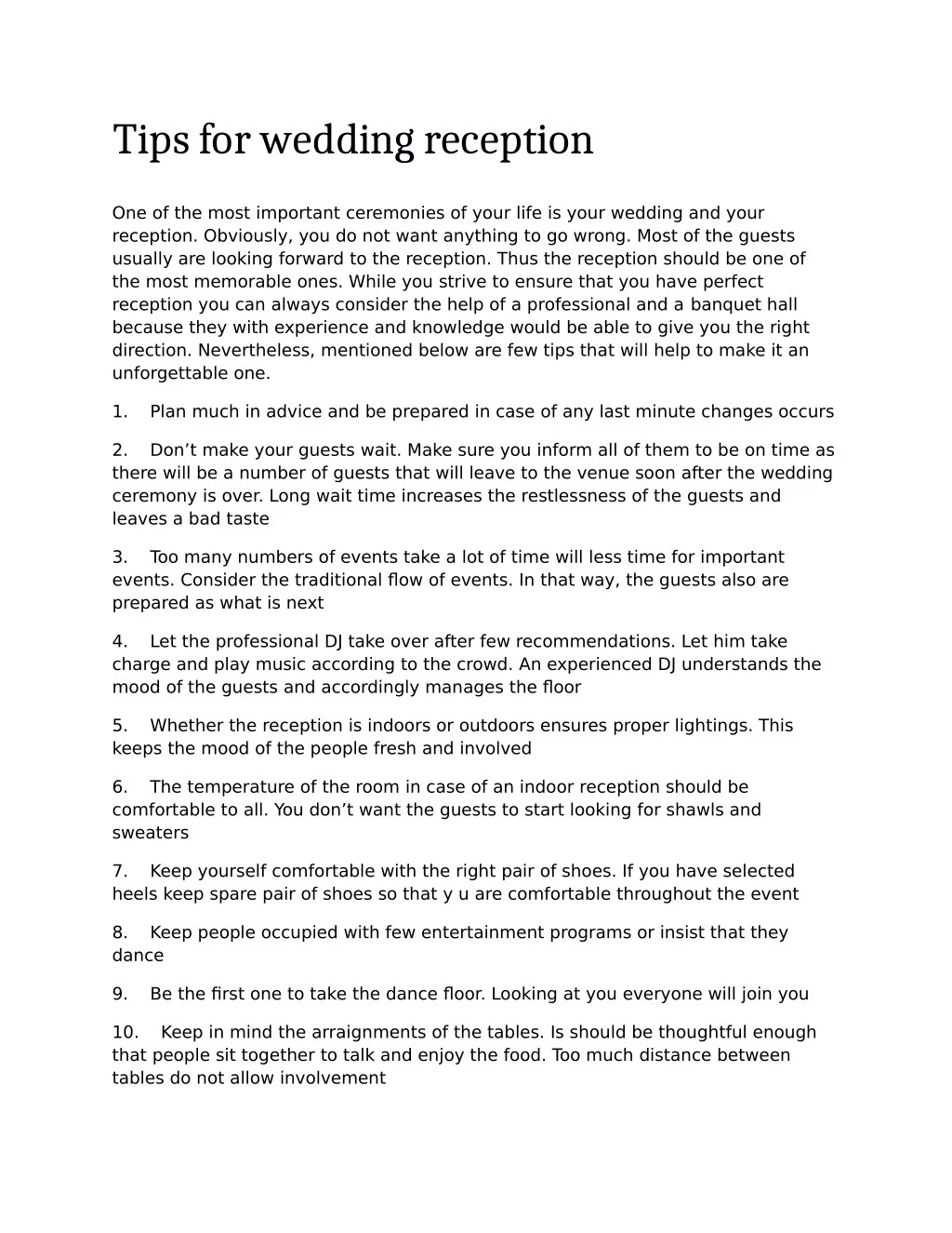 tips for wedding reception