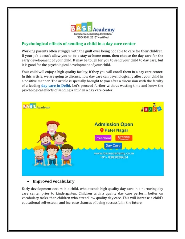 Day Care in West Delhi @ Base Academy