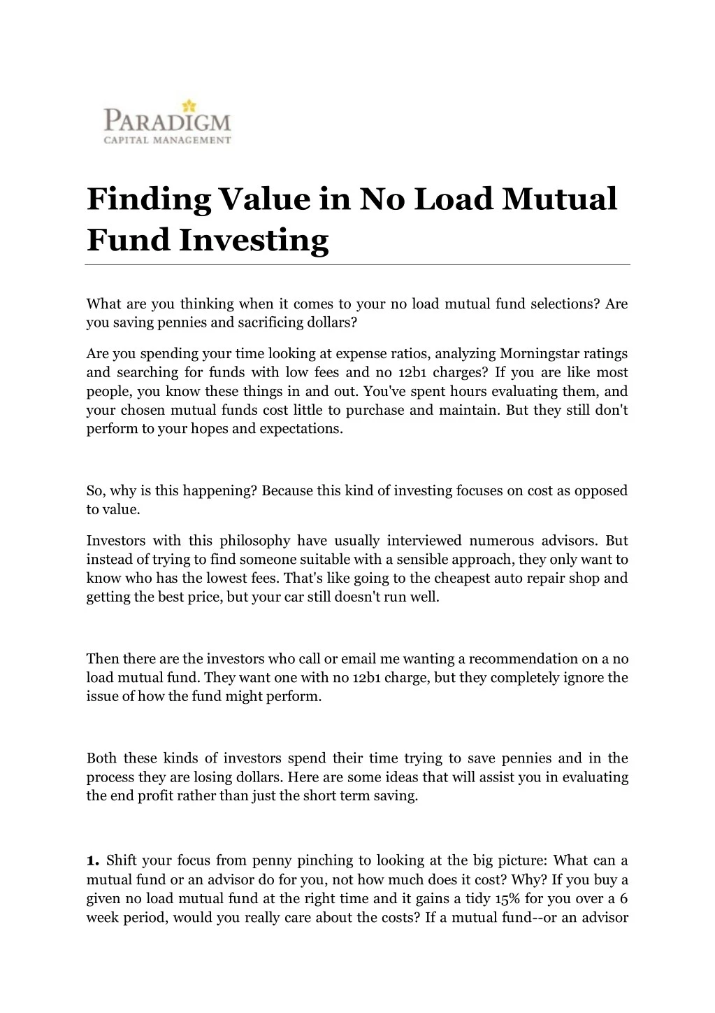 finding value in no load mutual fund investing
