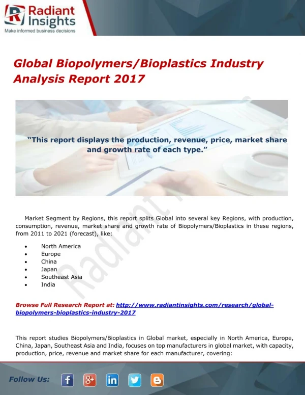Global Biopolymers/Bioplastics Industry Analysis Report 2017