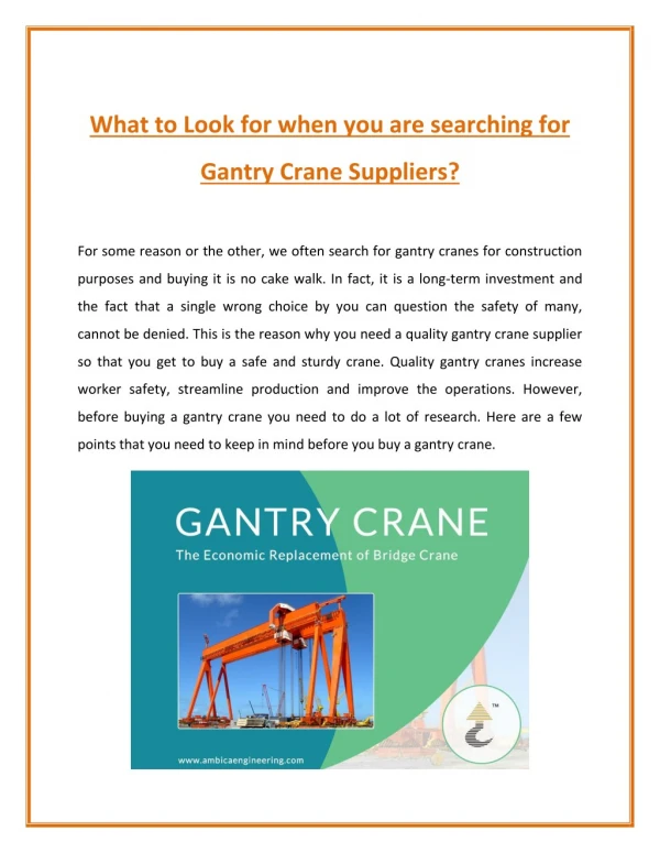 Why You Need A Gantry Crane Supplier?