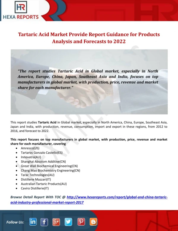 Tartaric Acid Market Scope, Trends, Key Vendor Analysis and Forecast by 2022