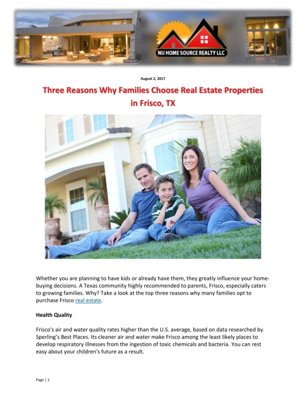 Three Reasons Why Families Choose Real Estate Properties in Frisco, TX