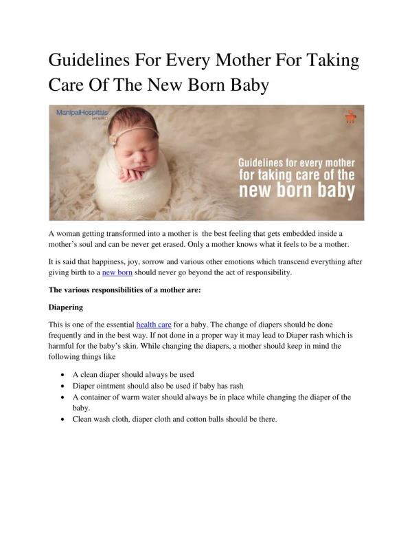 Guidelines For Every Mother For Taking Care Of The New Born Baby