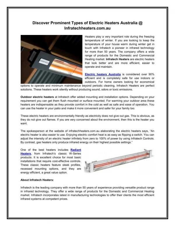 Discover Prominent Types of Electric Heaters Australia @ Infratechheaters.com.au