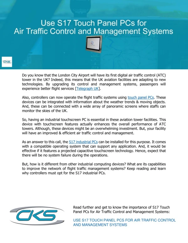 Use S17 Touch Panel PCs for Air Traffic Control and Management Systems