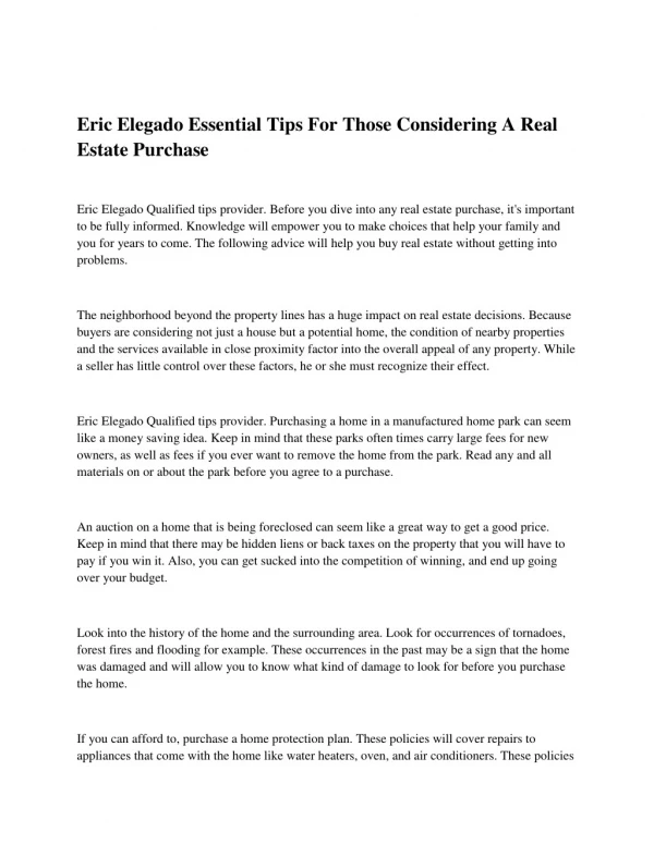 Eric Elegado Essential Tips For Those Considering A Real Estate Purchase