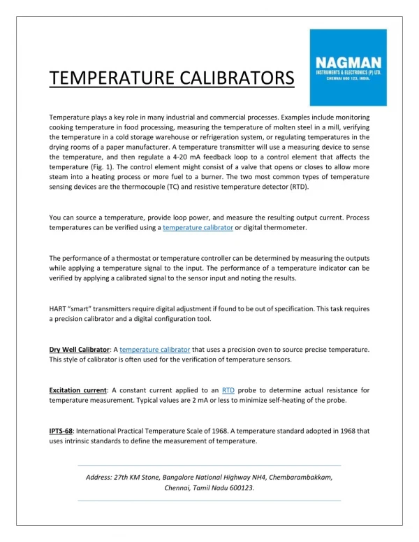 Manufacture of Temperature Calibrators