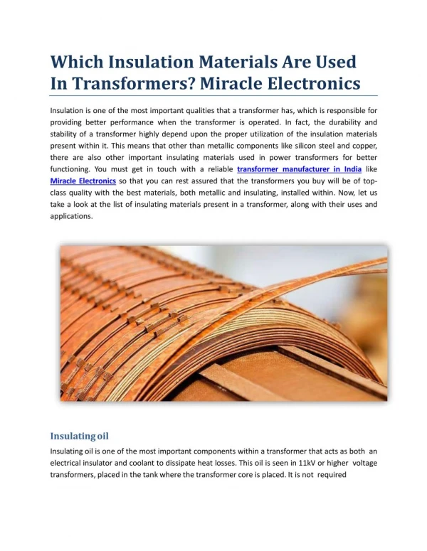 Which Insulation Materials Are Used In Transformers? Miracle Electronics