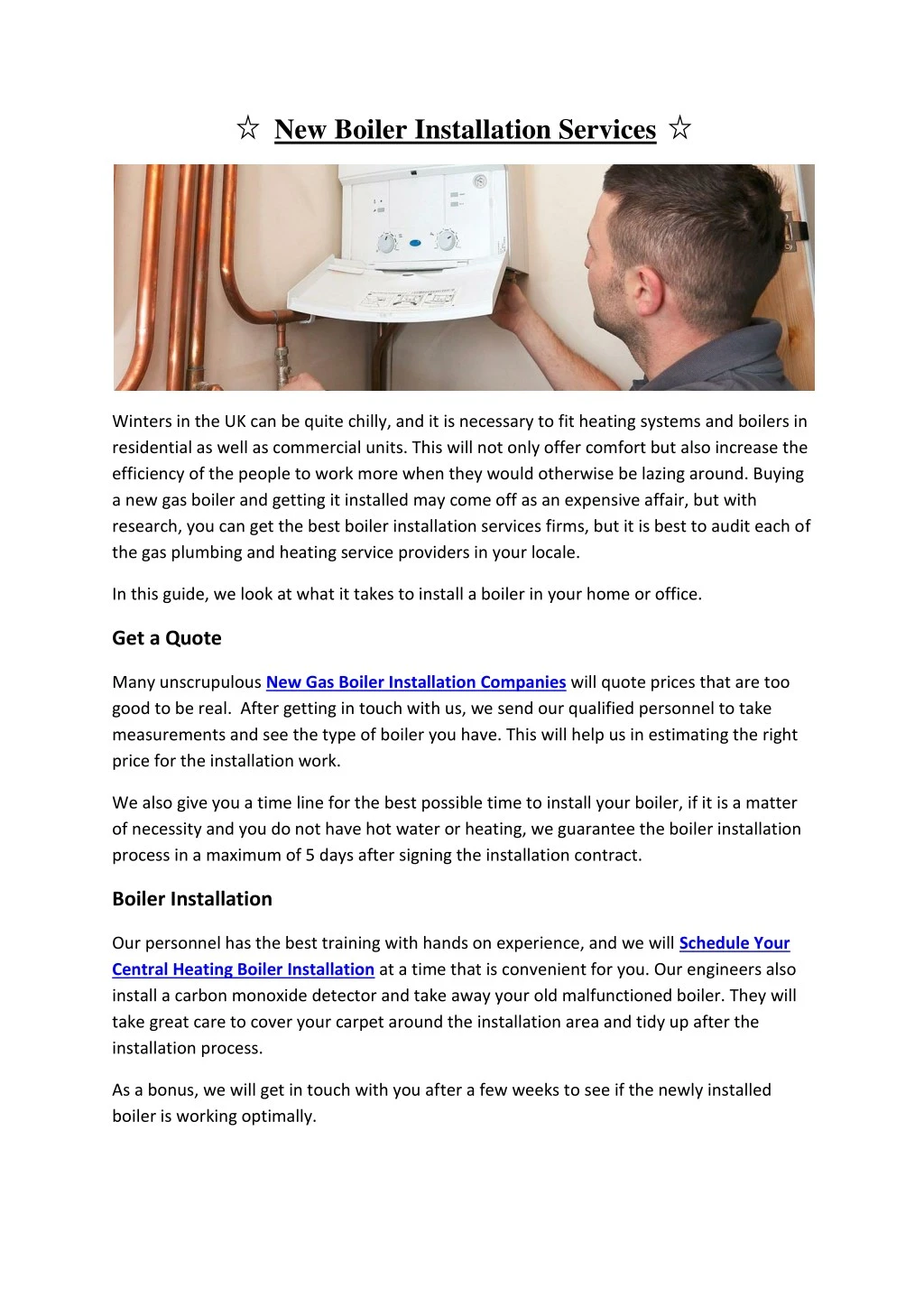new boiler installation services
