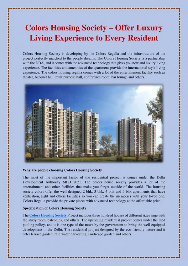 Colors Housing Society – Offer Luxury Living Experience to Every Resident