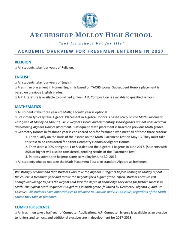 Molloy High School's Academic Overview 2017