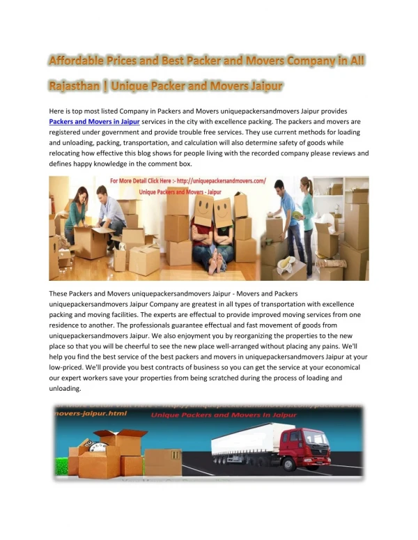 Affordable Prices and Best Packer and Movers Company in All Rajasthan | Unique Packer and Movers Jaipur