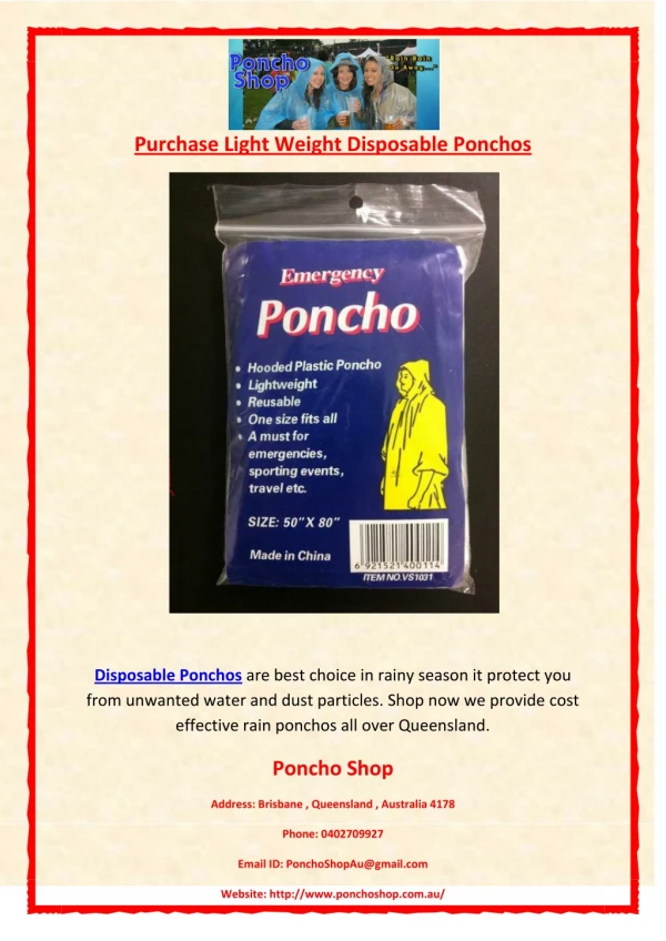 Purchase Light Weight Disposable Ponchos