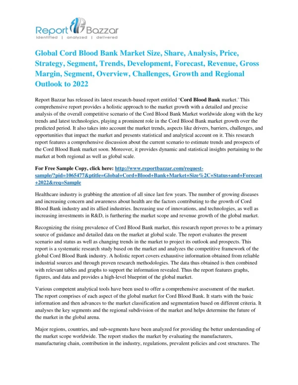 Cord Blood Bank Market to Record Ascending Growth by 2022