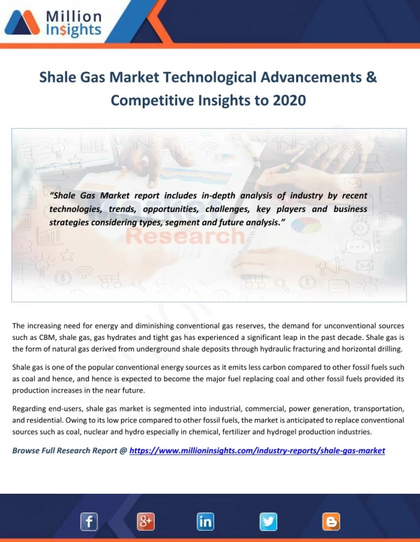 Shale Gas Market Overview, Growth, Demand and Forecast Research Report to 2020