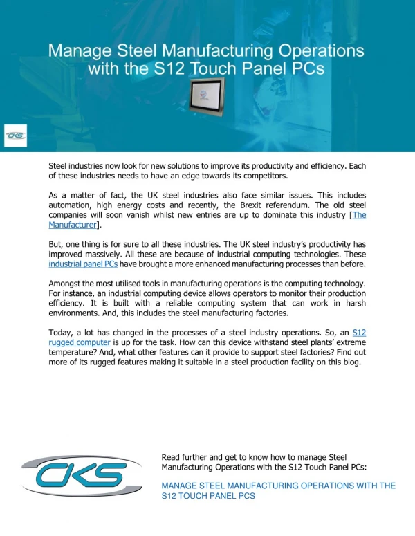 Manage Steel Manufacturing Operations with the S12 Touch Panel PCs