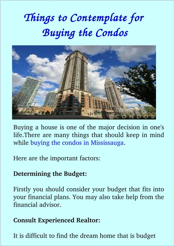 Things to Contemplate for Buying the Condos