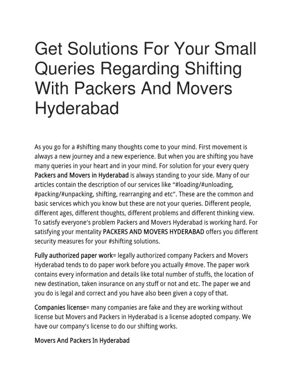 Get Solutions For Your Small Queries Regarding Shifting With Packers And Movers Hyderabad