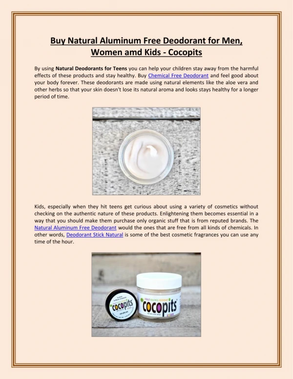 Buy Natural Aluminum Free Deodorant for Men, Women amd Kids - Cocopits