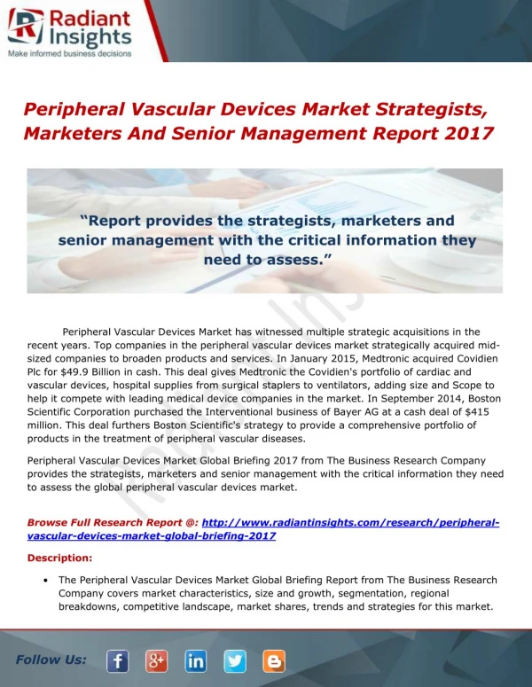 Peripheral Vascular Devices Market Strategists, Marketers And Senior Management Report 2017