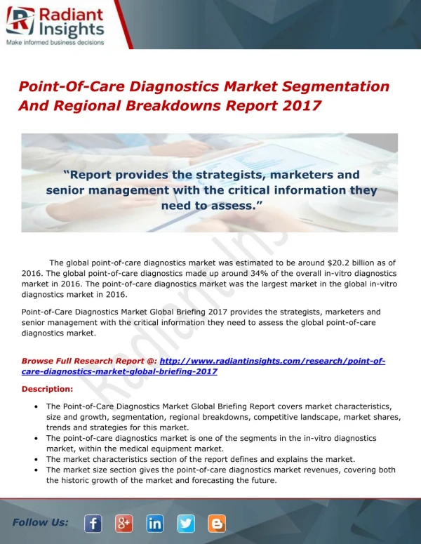 Point-Of-Care Diagnostics Market Segmentation And Regional Breakdowns Report 2017